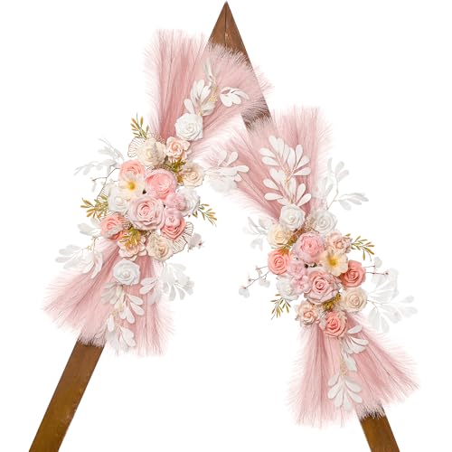 Lisuun Wedding Arch Flowers, Artificial Flowers for Decoration, Large Flower Swag for Boho Styles Wedding Ceremony Floral Decor - Pack of 2 - color: Pure White Flesh Pink Pampas