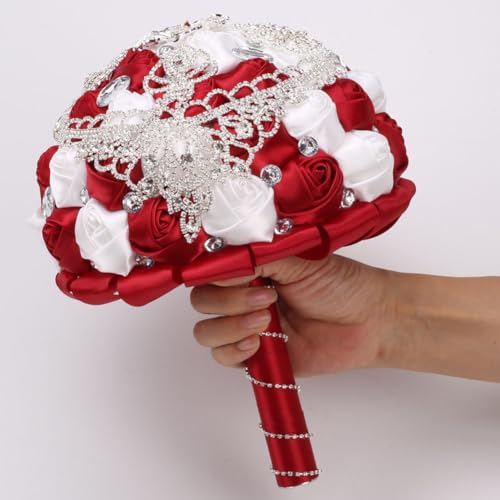 Bridal Wedding Bouquet Drop-Shaped Rhinestones Brooch Bouquet for Bride Bridesmaid Quinceanera Satin Red Rose Flower Bouquet Wedding Burgundy and White 9.5in - color: Burgundy& White, size: Diameter: 9.5 inches