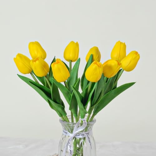 Artificial Flowers Tulips Fake Flowers Real Touch Latex Tulips Faux Flowers Bouquet for Wedding Party Arrangements Home Decor and Baby Shower Centerpieces (10, Yellow) - color: Yellow