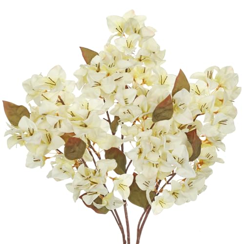 Briful Bougainvillea Artificial Flowers 5 Pack 27.5'' Fake Bougainvillea Floral Stems Realistic Silk Floral Arrangements for Home Weddings Parties Table Vase Centerpiece Decor(Beige) - color: Beige