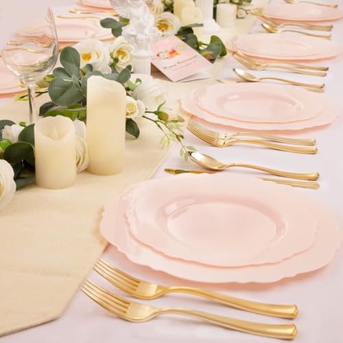WDF 60pcs Pink Plastic Plates - Baroque Pink Disposable Plates Including 30 Dinner Plates 10.25inch, 30 Dessert Plates 7.5inch for Upscale Wedding/Baby Shower/Spring - color: Pink, size: 60PCS