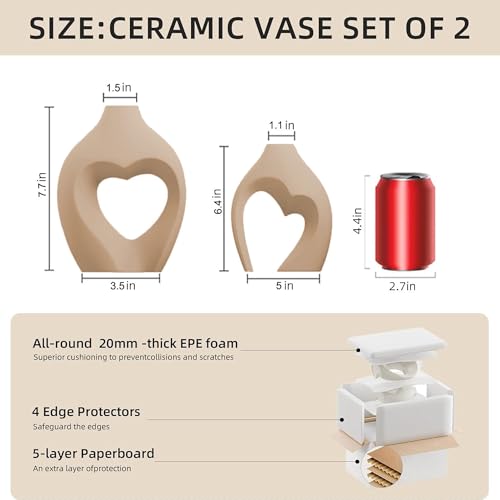 Brown Ceramic Flower Vases Home Decor Heart Shaped Vase Set of 2 Nordic Heart Shaped Vases, Minimalist Decorative Vase for Table Centerpiece Wedding Dining Living Room Office House Decoration - color: Brown
