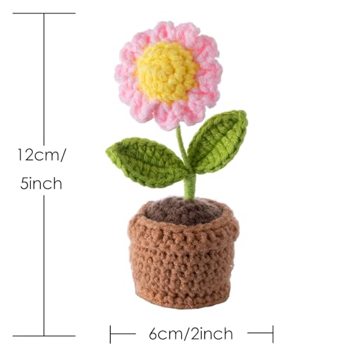 Handmade Crochet Flowers, Small Potted Plants, Knitted Desk Decorations for Home Office Decor, 5 Inches Pink Artificial Flower (Sunflower) - color: 1：one Sunflower