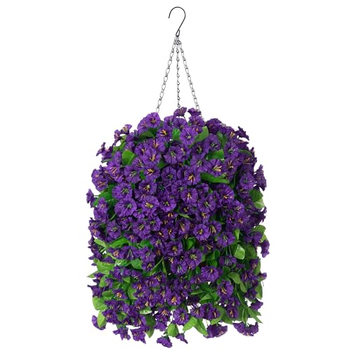 Ammyoo Artificial Faux Hanging Flowers Basket for Spring Summer Outdoor Porch Decor, Fake Silk Colorful Morning Glory Eucalyptus in Planter UV Resistant Look Real for Home Balcony Yard(Dark Purple) - color: Dark Purple
