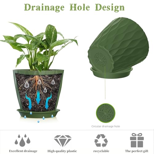 5 Inch Planter Pots, 6 Pack Indoor Planters, Small Flower Pots with Drainage Holes and Tray for Succulents, Orchids, Herbs and Other Indoor Plants (Green, 5inch) - color: Green, size: 5inch