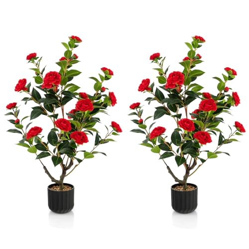 Goplus 38’’ Artificial Camellia Tree, 2 Pack Flower Plants Artificial Tree, Faux Floral Plant Blooming Tree in Cement Pot, Greenery Potted Plant for Indoor Outdoor Office Home Porch Decor - color: Red, size: 38 inch×2