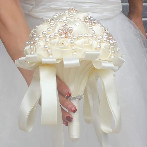 USIX Handcraft Popular Satin Rose Rhinestone Brooch Flower Pearl Bridal Holding Wedding Bouquet Wedding Flower Arrangements Bridesmaid Bouquet(Ivory) - color: Ivory