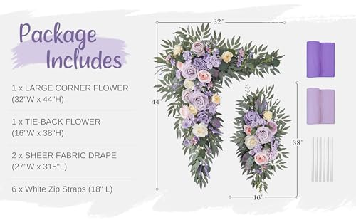 Wedding Arch Flowers with Drapes Kit (Pack of 4) - 2pcs Artificial Lilac Deluxe Swag with 2pcs Sheer Drapes for Wedding Ceremony Arbor Reception Backdrop Rose Floral Decoration - color: Lilac