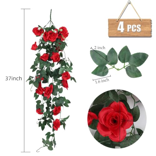 RECUTMS Artificial Red Rose Hanging Flowers Plants, 4PCS 37 Inches Draping Fake Ivy Garland with 30 LED Fairy String Lights for Home Garden Wedding Valentines Day Indoor Outdoor Greenery Decorations - color: Red, size: 4pcs light