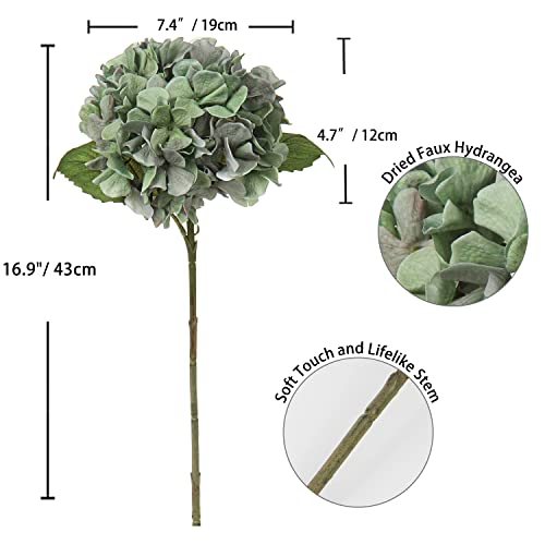 DILATATA 4 Pcs Dried Touch Hydrangeas Artificial Flowers 17" Tall Large Silk Hydrangea Stems Fake Hydrangea Arrangements for Home Office Table Centerpieces-Green Hydrangea - color: Dark Sea Green, size: 4PCS