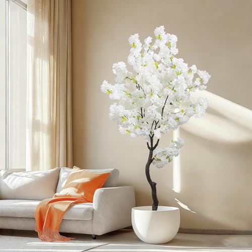 Large Artificial White Cherry Blossom 6ft(72in) Faux Floor Green Plant for Indoor Decor Natural Potted Tree Realistic Cherry Flowers Wood Trunk for Home Living Room,Office Perfect Housewarming Gift - color: Cherry Blossom(white 11), size: 6ft