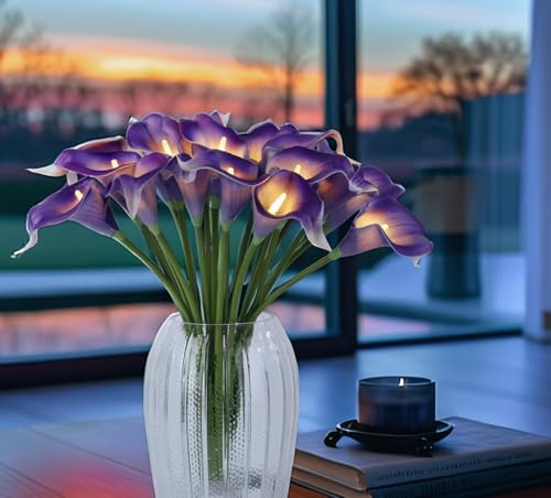 20 Stems Lighted Artificial Calla Lily Bouquet Light Faux Floarl Night Light Real Touch Flower Night Lamp LED Calla Lily lighted Artificial Flower for Holiday Gifts Home Kitchen Decor(Purple, No Vase) - color: Purple