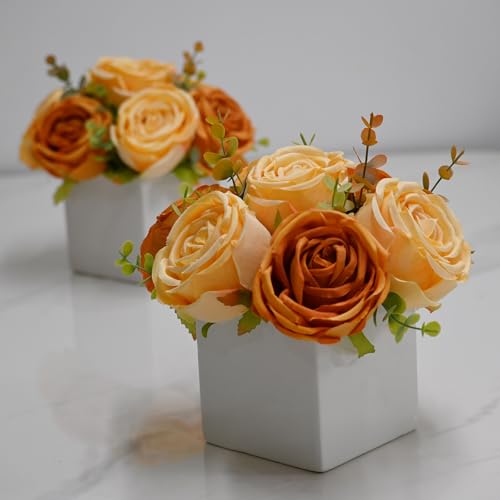 Fall Artificial Orange Silk Fake Rose with Ceramic Vase Autumn Table Decor | White Ceramic Vase Floral Arrangement, Autumn Decor for Office Kitchen Shelf Bathroom Shelf FarmhouseThanksgiving Halloween - color: Orange