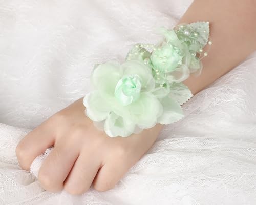 Set of 12 Artificial Silk Organza Craft Rose Flower, 12 Corsage Wristlet, 12 Pin Back DIY Boutonnieres for Wedding, Bridesmaids, Groomsmen, Quinceanera, Prom, Sweet 16 (Mint Green) - color: Mint Green
