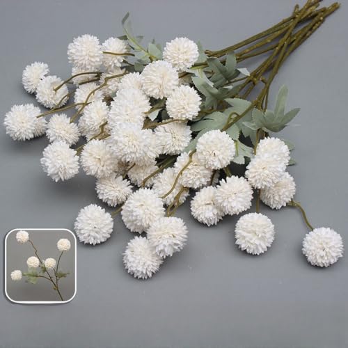 6pcs Pompon Mum Artificial Flower,Faux Silk Mini Chrysanth with Stems,for DIY Bouquet Centerpieces Office Wedding Decoration (White) - color: White
