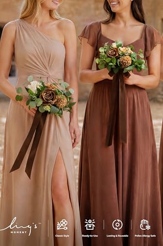 Ling's moment Brown Bridesmaid Bouquets Set of 6, Earth Brown & Sand Dune Artificial Wedding Flower Bouquets Floral Bouquet Bridesmaid Bouquets with Ribbon, Ceremony, Anniversary, 7-inch Diameter - color: Br-earth Brown & Sand Dune