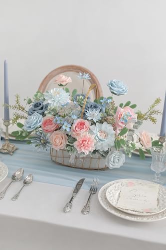 Blue Pink Artificial Flowers Set - Fake Roses, Peonies, Silk Flowers with Stems for DIY Wedding Bouquets,Floral Arrangement,Table Centerpieces,Baby Shower, Home Decor - color: Blue&pink