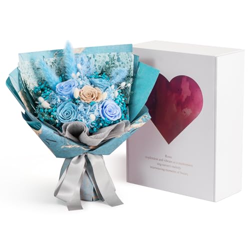 Large Preserved Roses Bouquet - Eternal Flowers for Delivery Prime,1-3 Years Long Lasting Real Roses Gift for Women,Mom Wife - Elegant Home Decor for Mother's Day,Anniversary,Valentine's Day(Bule) - color: Blue
