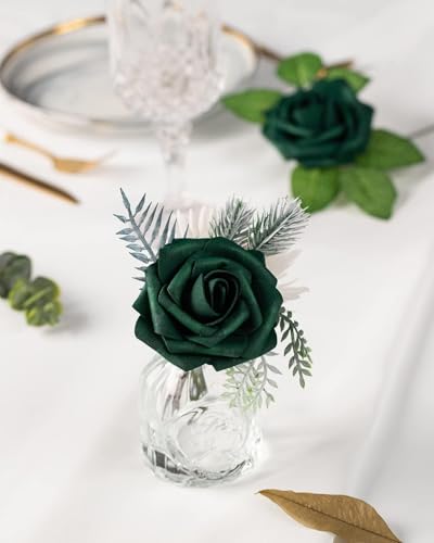 DuHouse 50Pcs Artificial Roses Flowers Fake Roses with Stems Real Touch Foam Flowers for DIY Wedding Bouquet Party Centerpiece Floral Arrangement Party Home Decor(Hunt Green) - color: Hunt Green, size: 50pcs