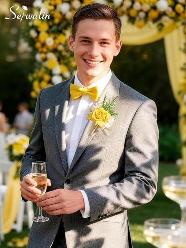 Serwalin 6 PCS Yellow Rose Boutonniere for Men, Artificial Silk Flower Boutonniere for Wedding Groom Groomsmen, Prom Homecoming Formal Party Suit Decoration - color: Yellow, size: Boutonniere 6pcs