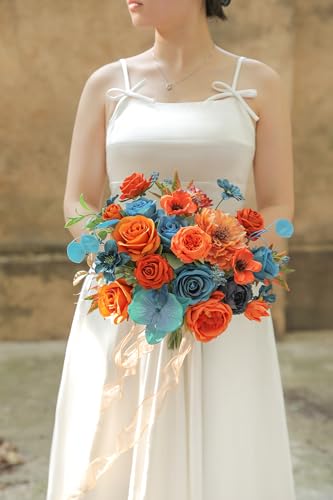 Fall Orange Artificial Flowers Roses Fake Flowers with Stems Blue Orange Artificial Flowers for DIY Bridal Bouquets Faux Flowers Centerpieces for Table Home Decor - color: Fall Orange