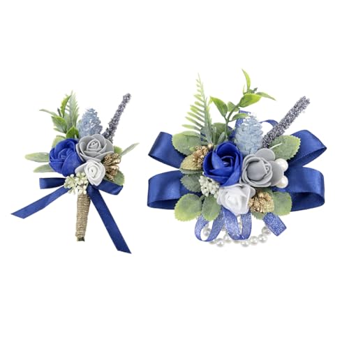 Royal Blue Corsage and Boutonniere Set Wrist Corsage Wristlet for Prom Groom Flower Boutonniere for Men Wedding Party Homecoming Accessories Suit - color: Royal Blue