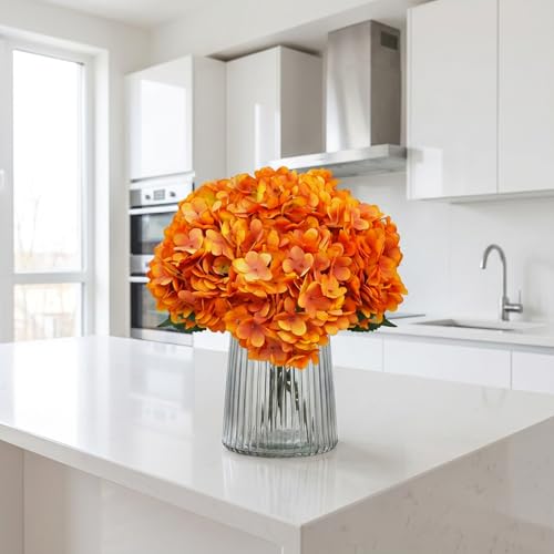 Artificial Fake Flowers Plants Silk Hydrangea 1 Flower Head 5Pcs Stem For Arrangements Wedding Bouquets Decorations Plastic Floral Table Centerpieces Home Kitchen Garden(Burn Orange) - color: Burn Orange