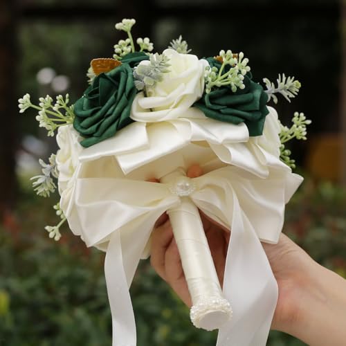 Round Green Artificial PE Rose Bouquet with Pearls for Bridal Toss and Bridesmaids Suit for Wedding Party - color: Green Leaves