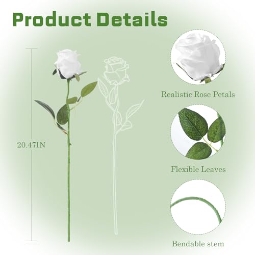 12Pcs Realistic Fake Roses Faux Flowers with Long Stems, Artificial Silk Rose Flowers for Valentines Day Home Wedding Decor Bridal Bouquet (White) - color: White