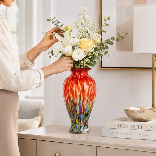 olirum 11.8" Tall Hand Blown Red Art Glass Vase, Colorful Speckled Opaque Vase for Flowers, Table Centerpiece Decor, Living Room Dining Table, Shelf Mantel Display (Red) - color: Red
