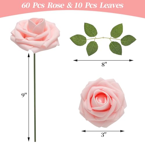 DerBlue 60pcs Artificial Roses Flowers Real Looking Fake Roses Artificial Foam Roses Decoration DIY for Wedding,Arrangements Party Home Decorations - color: Blush Pink