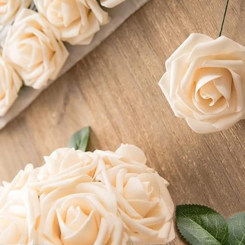 Higfra Artificial Flowers 50 Stems Realistic Roses - Lifelike Fake Flowers for Wedding Bouquets, Baby Shower Decor, Home Centerpieces, DIY Floral Arrangements (Champagne, 50pcs) - color: Champagne, size: 50Pcs