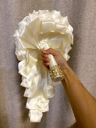 Handmade Satin Rose Water Drop Bridal Bouquet 8.7inch Crystal Wedding Round Tossing Bouquet Jewelry Proposal Bridesmaid Bouquet Groom Corsage Bride Wrist Flower Ivory (Ivory) - color: Ivory