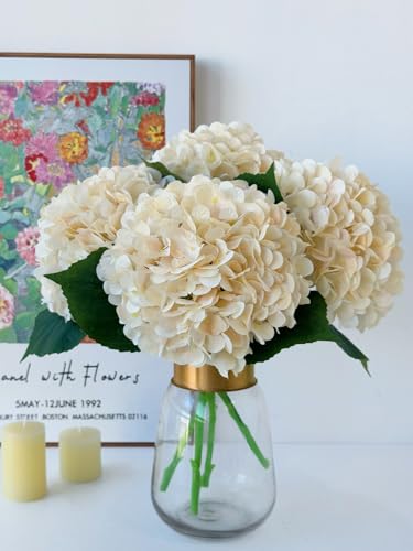 YalzoneMet 4Pcs Champagne Silk Hydrangea Artificial Flower Lifelike Big Blooms 20'' Long Stem Faux Hydrangea Flower Bouquets for Home Party Indoor Outdoor Wedding Table Centerpiece Decor - color: Champagne