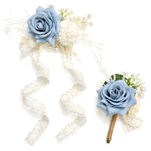 Serwalin Blue Rose Corsage and Boutonniere Set, Boutonniere for Men and Wrist Corsage Wristlet Prom Homecoming Wedding Flowers Accessories Party Suit Decorations - color: Blue, size: 1 Boutonniere & 1 Wrist Corsage - 2pcs