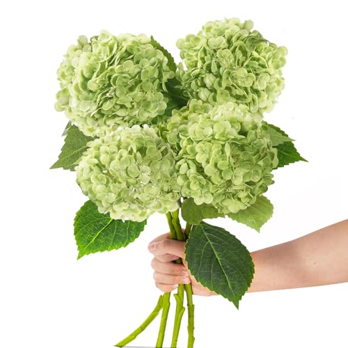 20" 4Pcs Green Faux Hydrangea Flowers Real Touch Fake Hydrangeas Bouquet Hydrangea Artificial Flowers with Leaves Stems for Centerpiece Arrangements Wedding Party Home Décor - color: Green
