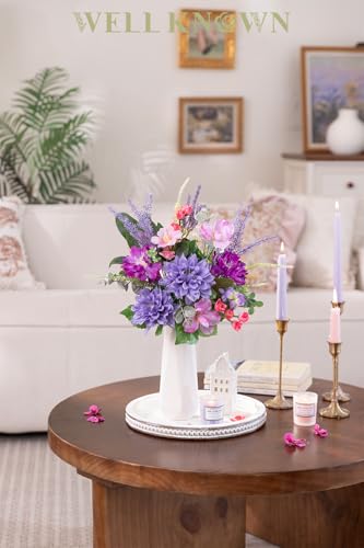 WELL KNOWN Artificial Flowers Bouquet, Fake Flowers for Vase, Silk Faux Flowers DIY Table Centerpieces for Wedding, Dining Room, Kitchen, Office, Farmhouse, Mother's Day Decor & Gift (Violet Pink) - color: Violet & Pink