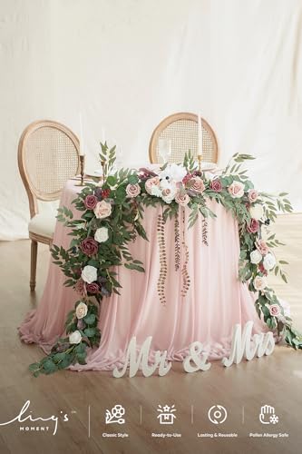 Ling's moment 9FT Eucalyptus and Willow Leaf Garland with White Flower, Handcrafted Wedding Sweetheart Table Centerpieces Head Table Decor Arch Backdrop Decorations for Wedding | Dusty Rose & Mauve - color: Pk-dusty Rose & Mauve