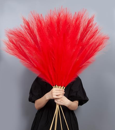 9 Pcs 45" Tall Pampas Grass Red Decor, Long Stem Artificial Flower Floor Vase Large Faux Floral Pompas Fake Plants Dried Bouquet Arrangement Vase Filler for Boho Home Wedding Decoration - color: 9 Pcs 45" Red Style