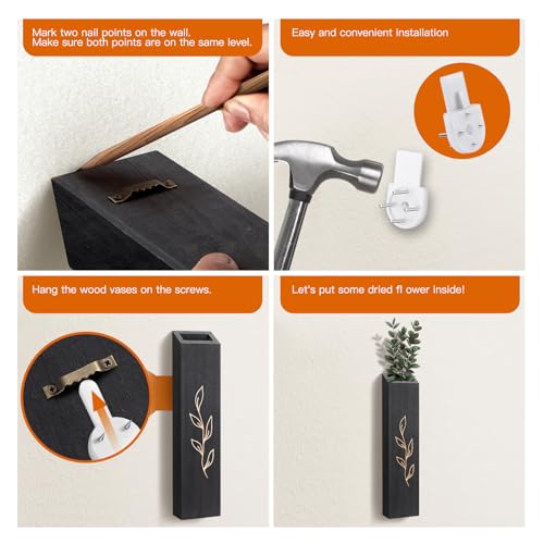 Wood Wall Planter, Farmhouse 4 Pack Indoor Pocket Wall Vases Decor for Living Room Bedroom Dried Flowers Faux Greenery Plants (Black) - color: Black