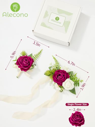 Alecono Fuchsia Corsage and Boutonniere Set, Hot Pink Corsage Wristlet for Bridesmaids, Boutonniere for Groom Groomsmen, Prom Wedding Accessories Suit Decorations - color: Fuchsia, size: Corsage and Boutonniere Set
