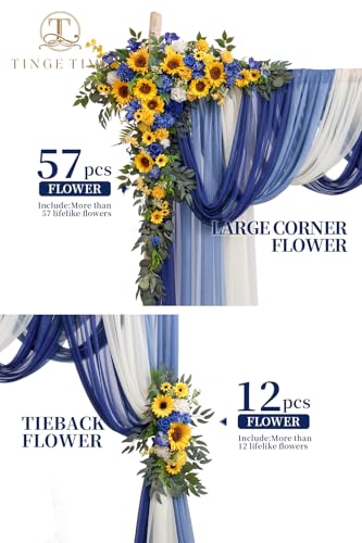 TINGE TIME Wedding Arch Flowers Kit - Deluxe 5pcs Artificial Floral Swag with 3 Sheer Drapes, Realistic Silk Flower Arrangements for Wedding Ceremony Arbor Backdrop Reception Party Home Decor - color: Sunflower & Royal Blue