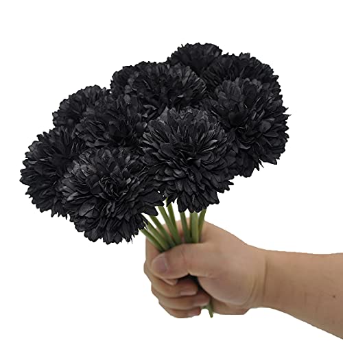 10Pcs Artificial Fake Flower Plants Silk Chrysanthemum Ball Hydrangea Arrangements Wedding Bouquets Decor Home Kitchen Garden Party Table Floral Centerpieces DIY (Black) - color: Black