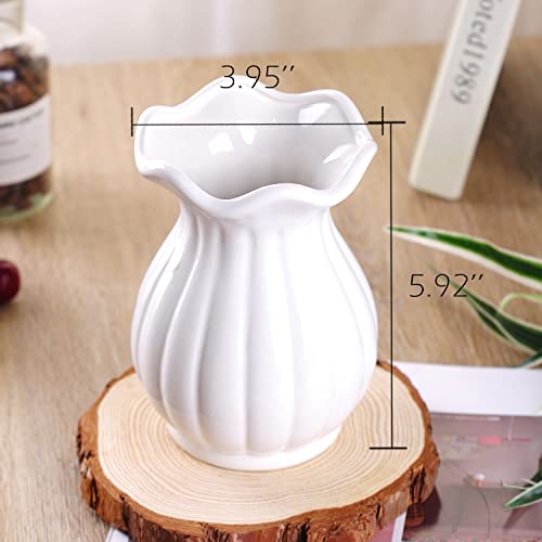VanEnjoy 6 inch Modern Ribbed Design Small White Ceramic Decorative Tabletop Centerpiece Vase Flower Pot -White Lotus Flower - style: Asian