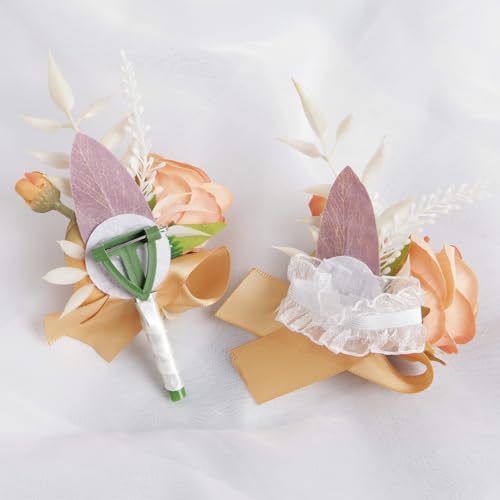 Alizeal 2Pcs of Wrist Corsage and Boutonniere Set, Artificial Flowers Accessories Suit Decor for Wedding Prom Party Homecoming Ceremony, Light Orange - color: 701-light Orange