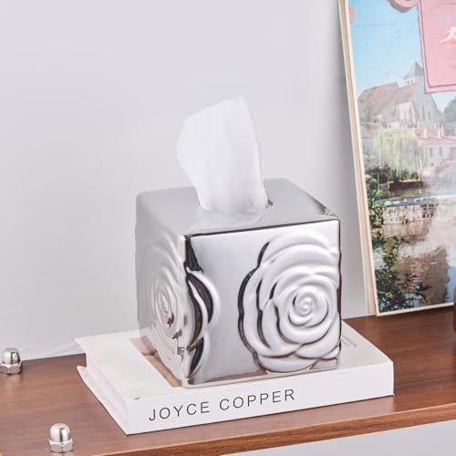 Silver Ceramic Cube Tissue Box Cover with Rose – Large Elegant Rose Floral Square Decorative Tissue Box Holder for Bathroom, Bedroom, Office Desk, Kitchen Counter – Perfect Housewarming Gift - color: Silver
