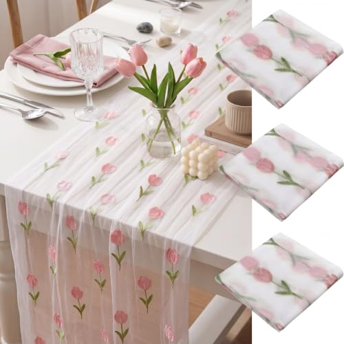 Mindsoft 3 Pcs Pink Floral Tulip Table Runner 10ft Gauze Embroidery Tulip Sheer Floral Tulle Easter Lace Table Runner for Wedding Bridal Baby Shower Holiday Dining Decor DIY - style: Tulip