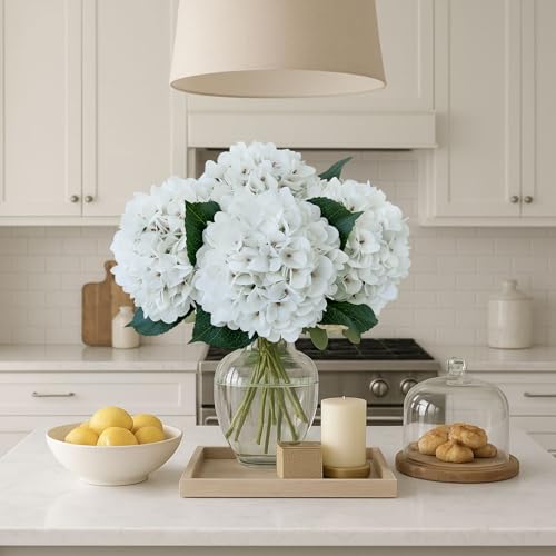 ZYTUYO 3PCS White Hydrangea Artificial Flowers 20" Large Fake Latex Real Touch Hydrangeas Flowers with Stems Faux Silk Bouquet for Indoor Home Decor Table Wedding Party Floral Outdoor Centerpieces - color: White