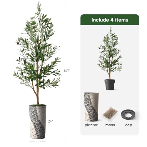 Artificial Tree in Geometric Pattern Planter, Fake Olive Silk Tree for Indoor and Outdoor Home Decoration - 68" Overall Tall (Plant Pot Plus Tree) - style: Olive Tree