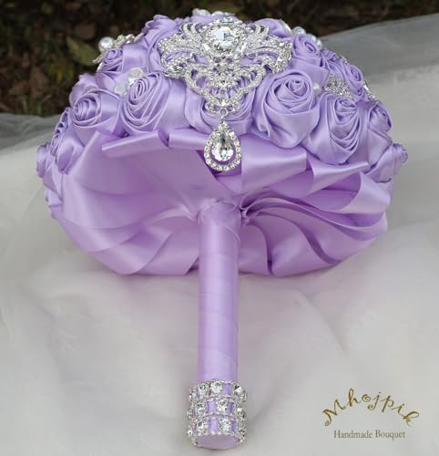 Bridal Wedding Bouquet Round Bling Brooch Bouquet Artificial Rose Flower Bunch for Bride Bridesmaid Wedding Quinceanera(Light Purple, 8.7") - color: Light Purple*, size: Medium (Dia. 8.7"/22cm)